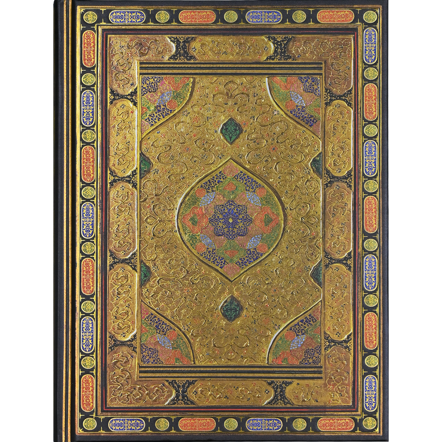 Decorative book cover with intricate gold and multicolor patterns