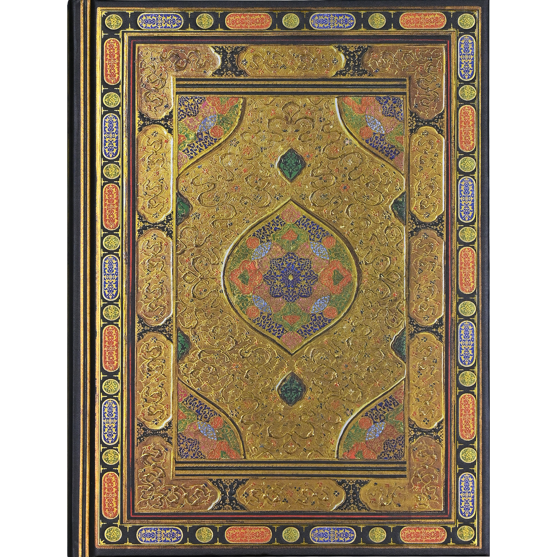 Decorative book cover with intricate gold and multicolor patterns