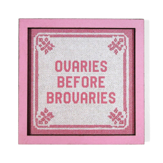 A square framed cross-stitch style magnet with pink border and text reading 'OVARIES BEFORE BROVARIES'