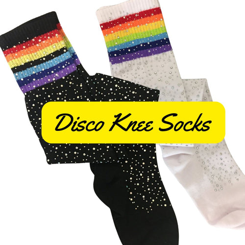 Over the Knee Jeweled Rainbow Glam Disco Socks (Black or White Rainbow)