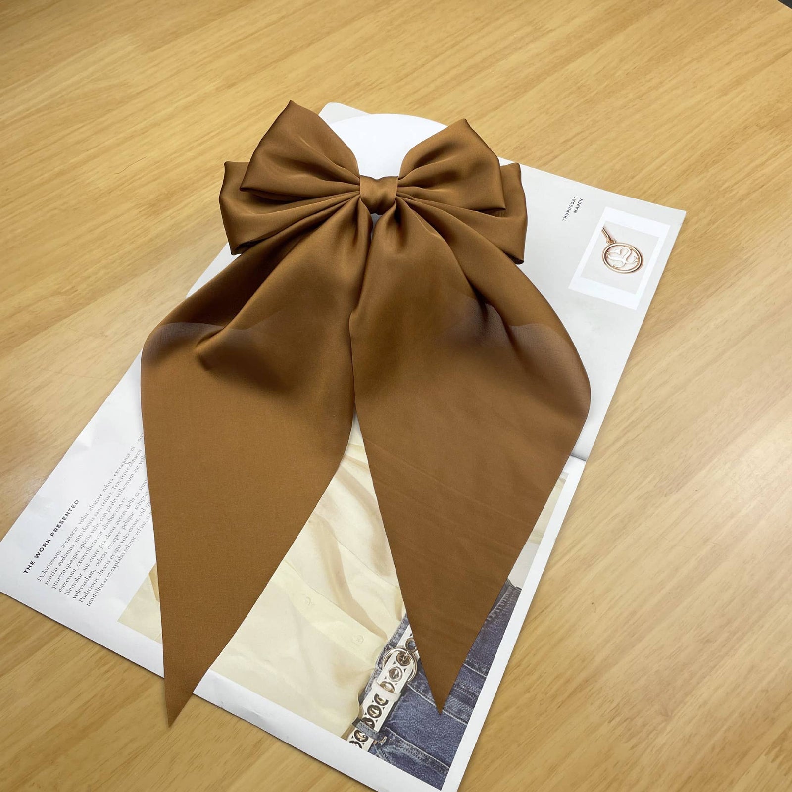 Oversized Bow Hairpin Coquette Satin Streamer [In Black, Brown and Khaki]