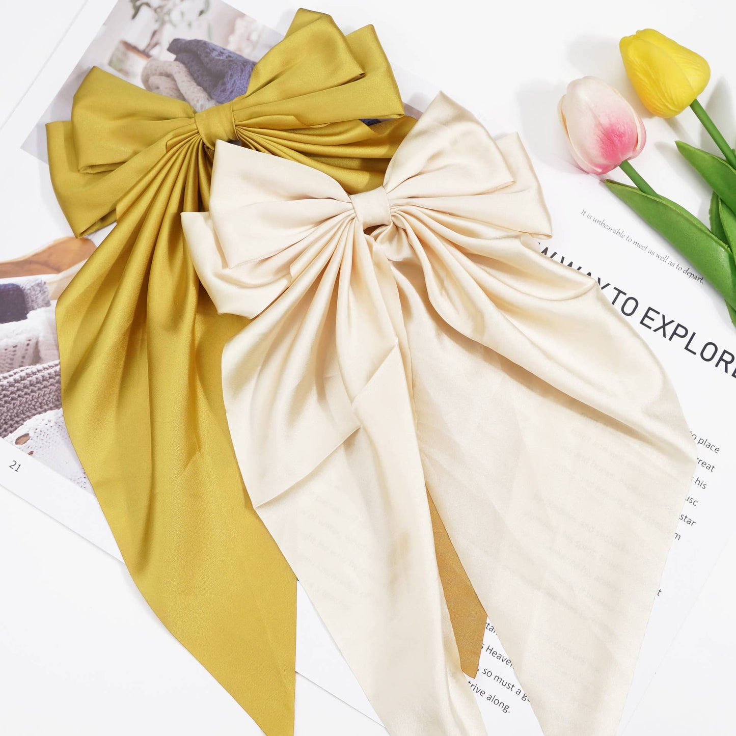 Oversized Bow Hairpin Coquette Satin Streamer [In Black, Brown and Khaki]