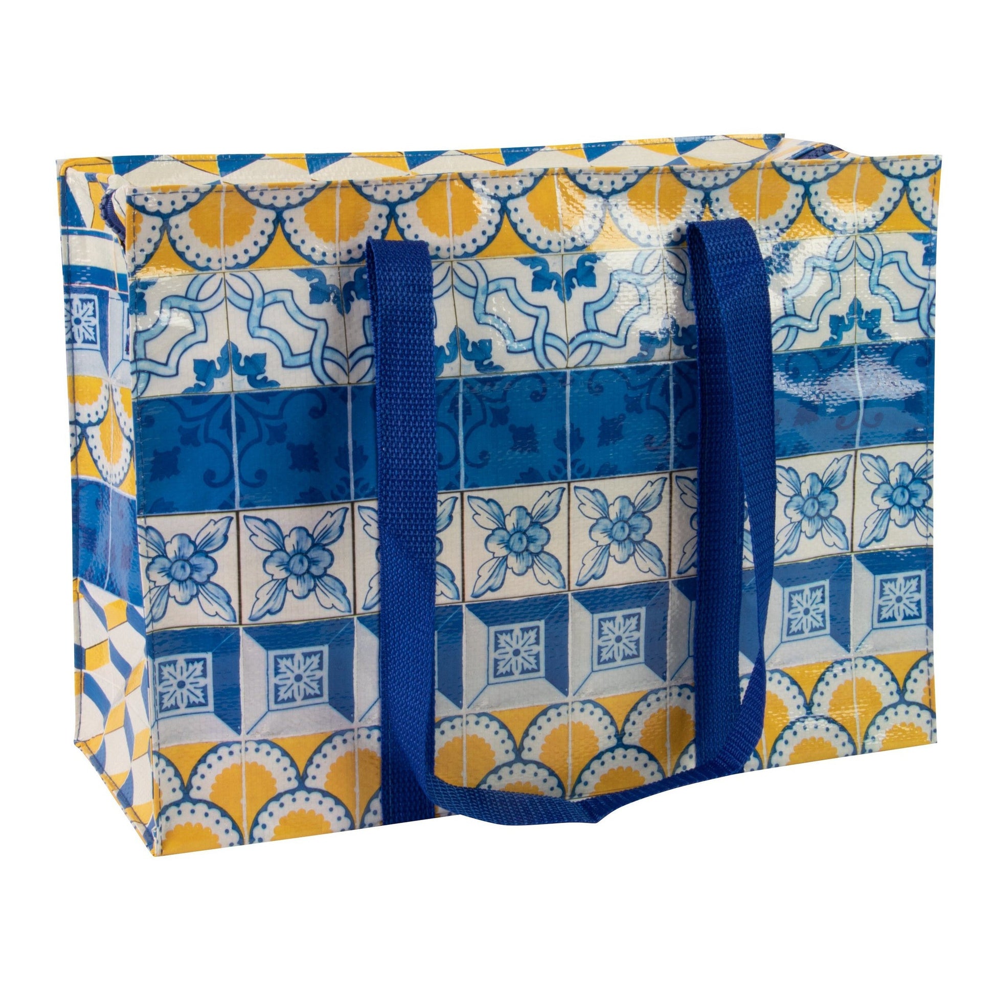 Painted Tiles Shoulder Tote Bag in Blue and Yellow | 11" x 15"