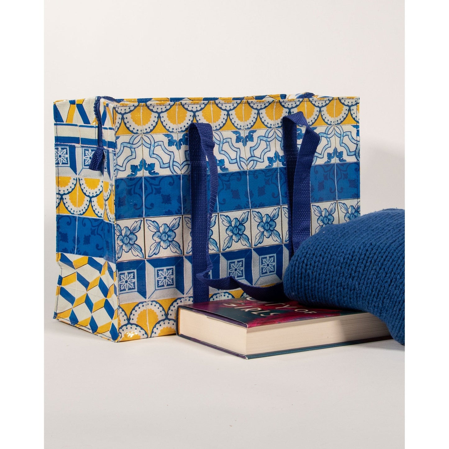 Painted Tiles Shoulder Tote Bag in Blue and Yellow | 11" x 15"