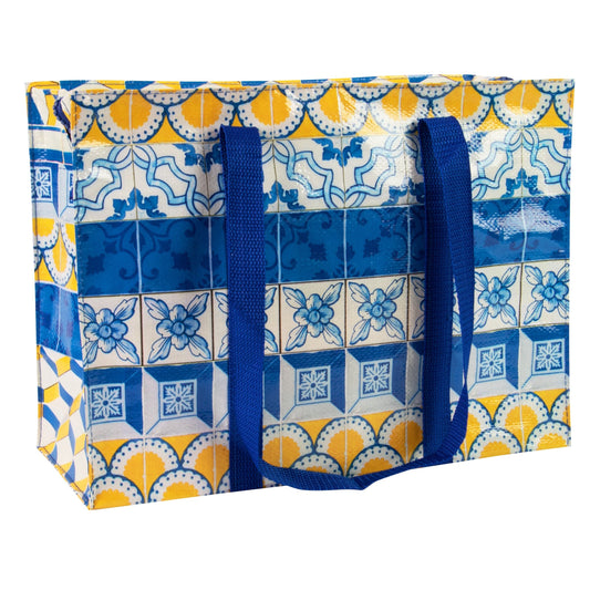 Painted Tiles Shoulder Tote Bag in Blue and Yellow | 11" x 15" | BlueQ at GetBullish