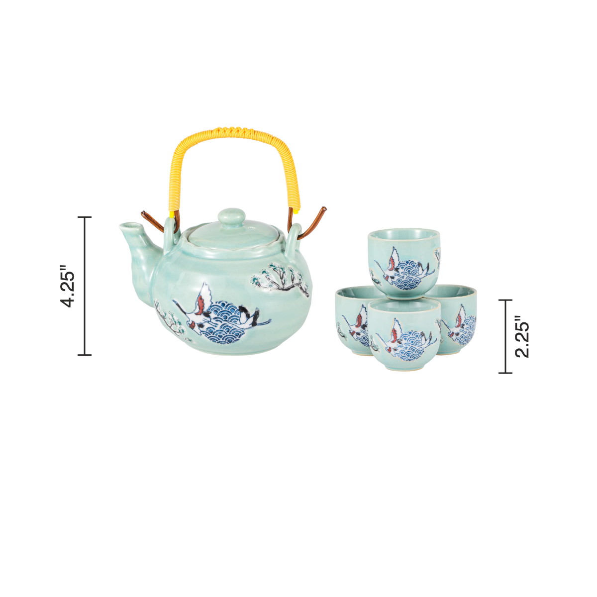 Size chart: teapot 4.25 inches tall, cups 2.25 inches tall