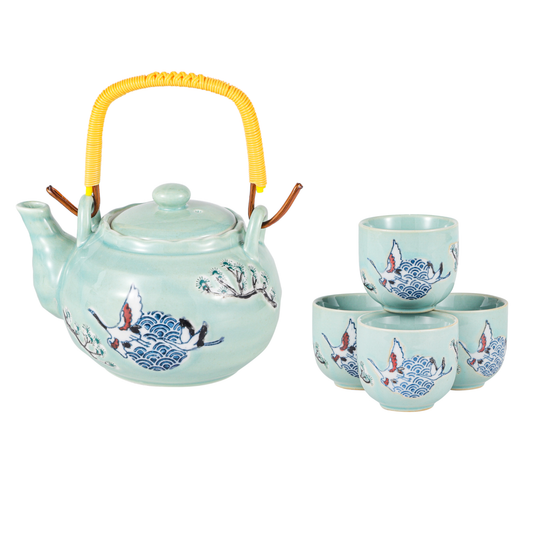 Pale Green Japanese Crane Porcelain Tea Set | 22 fl oz Teapot and 4 Cups-Urban Tokyo-The Bullish Store