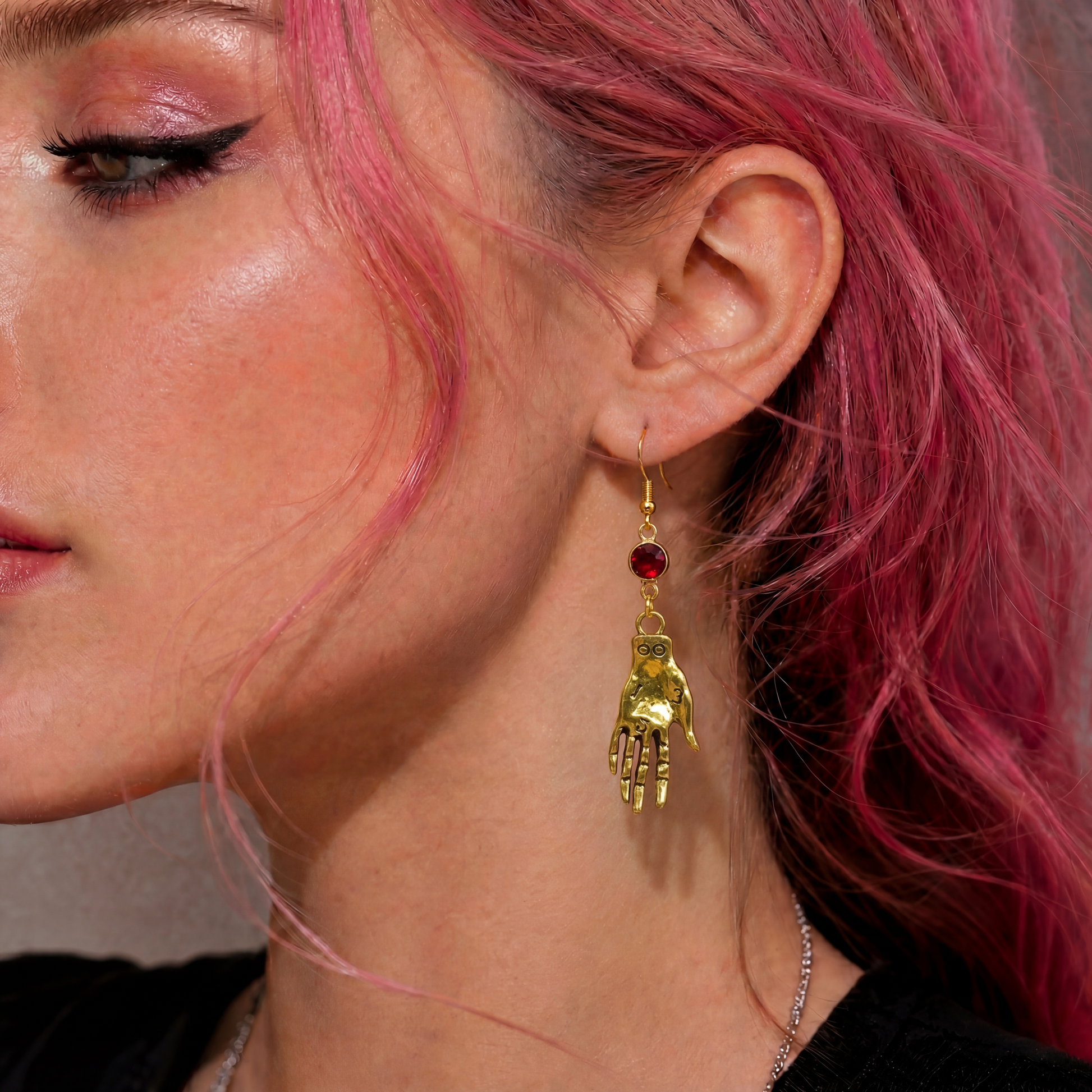 Palm Reading Hand Earrings in Red Gemstone