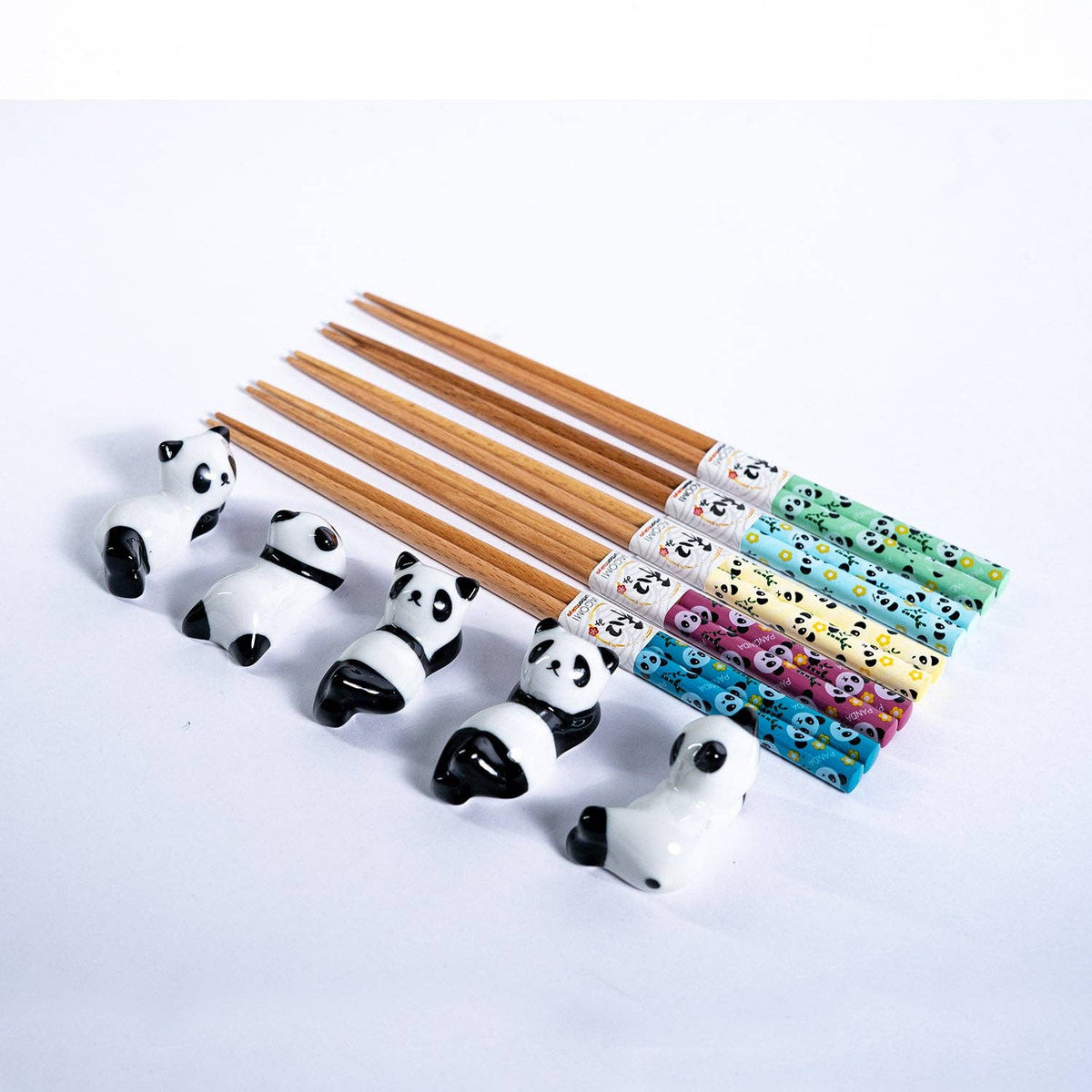 Panda Bamboo Chopsticks and Ceramic Rests Gift Set | 5 Pairs