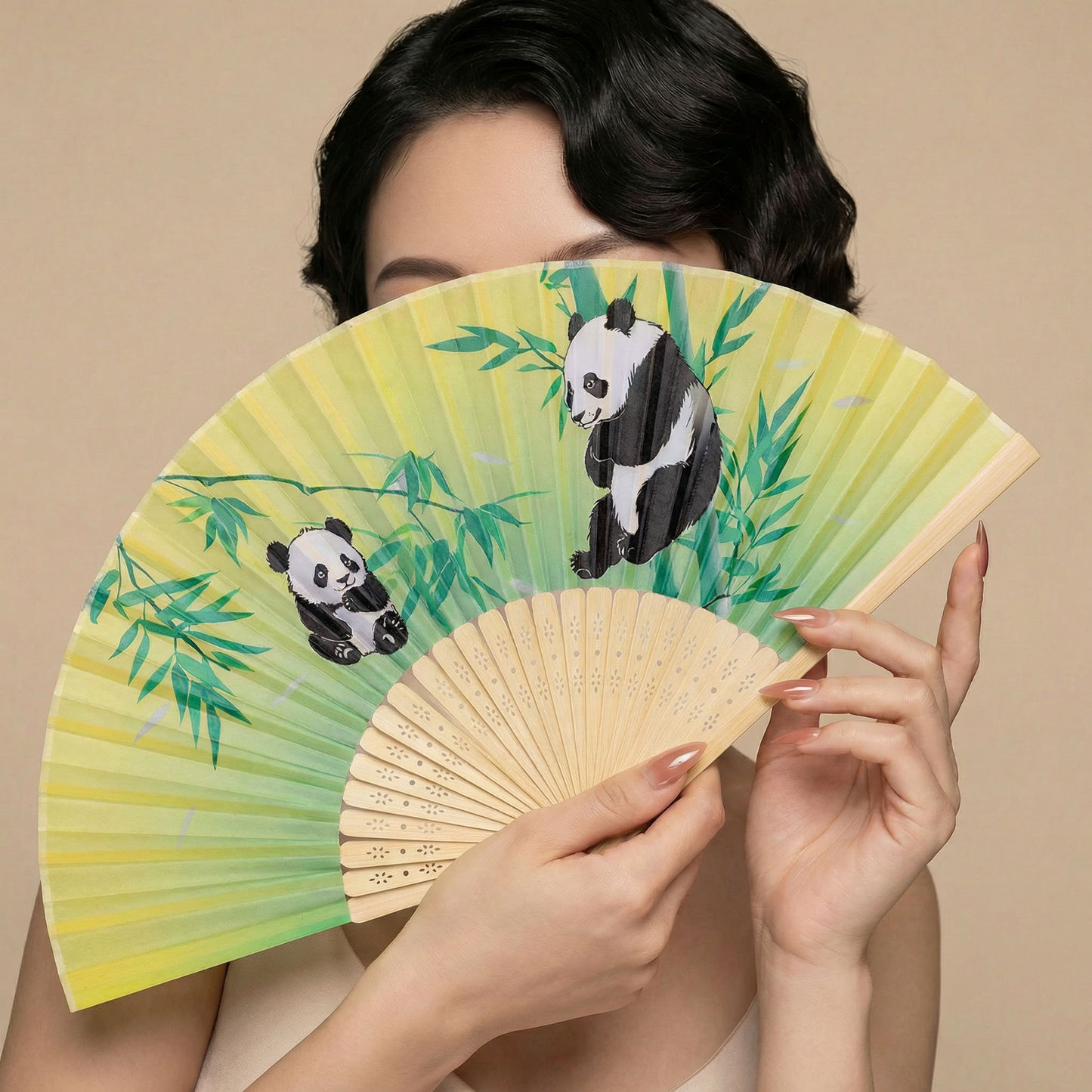 Panda Bamboo Design Paper Folding Fan | 10" Hand Fan with Wooden Frame