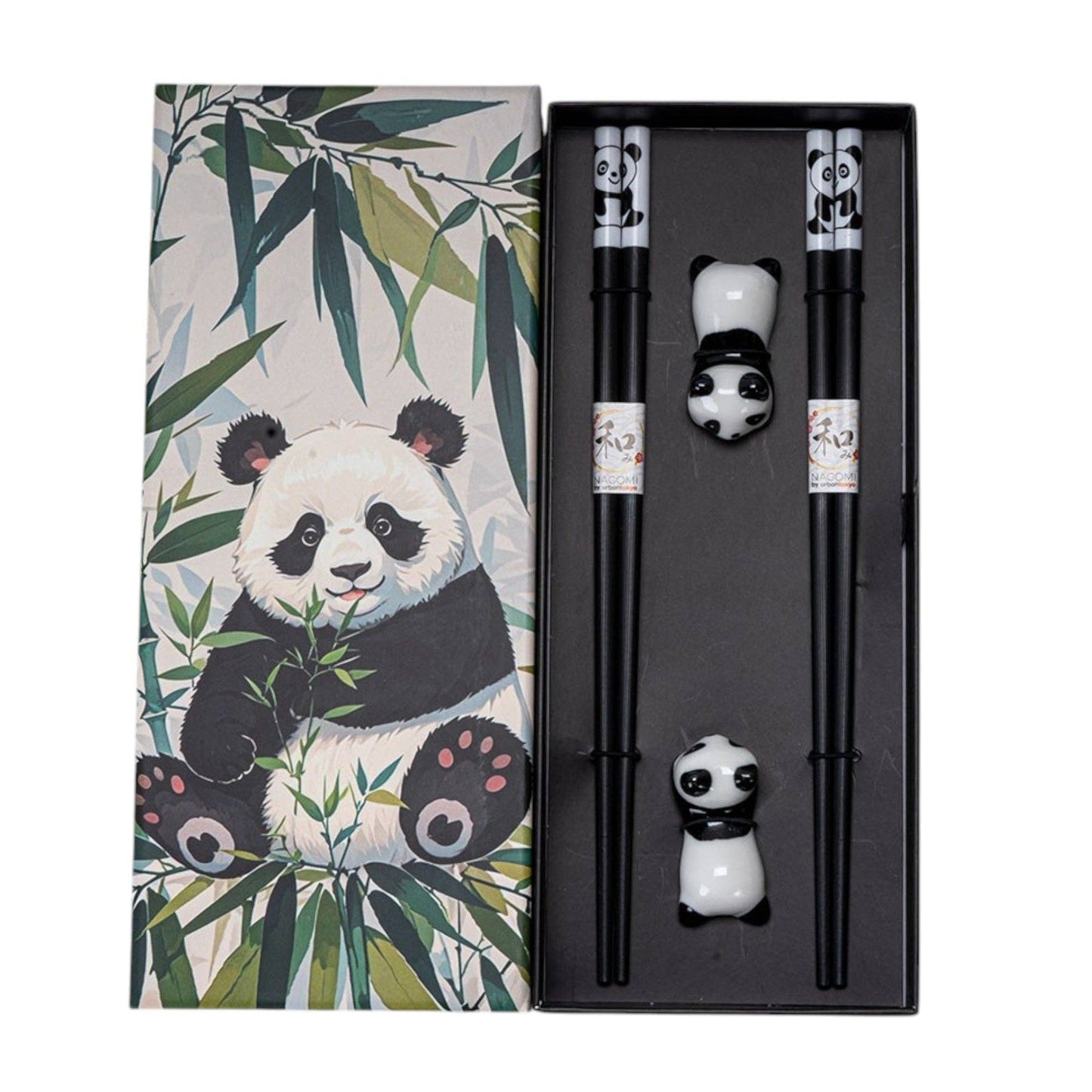 Panda Cat Chopsticks Gift Set | 2 Pairs Bamboo Chopsticks with Ceramic Rests | 9 Inch Chopsticks