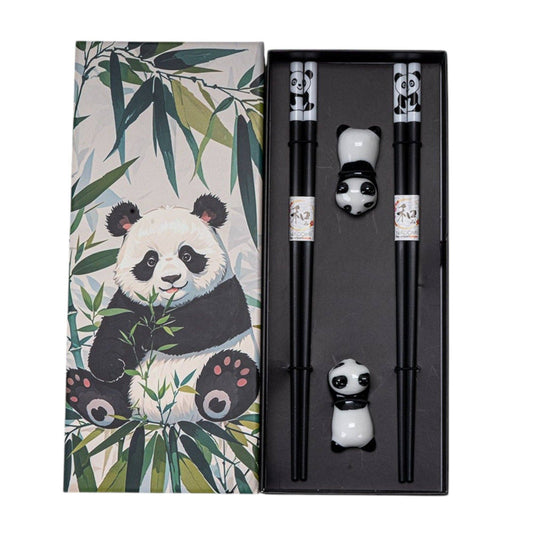 Panda Cat Chopsticks Gift Set | 2 Pairs Bamboo Chopsticks with Ceramic Rests | 9 Inch Chopsticks