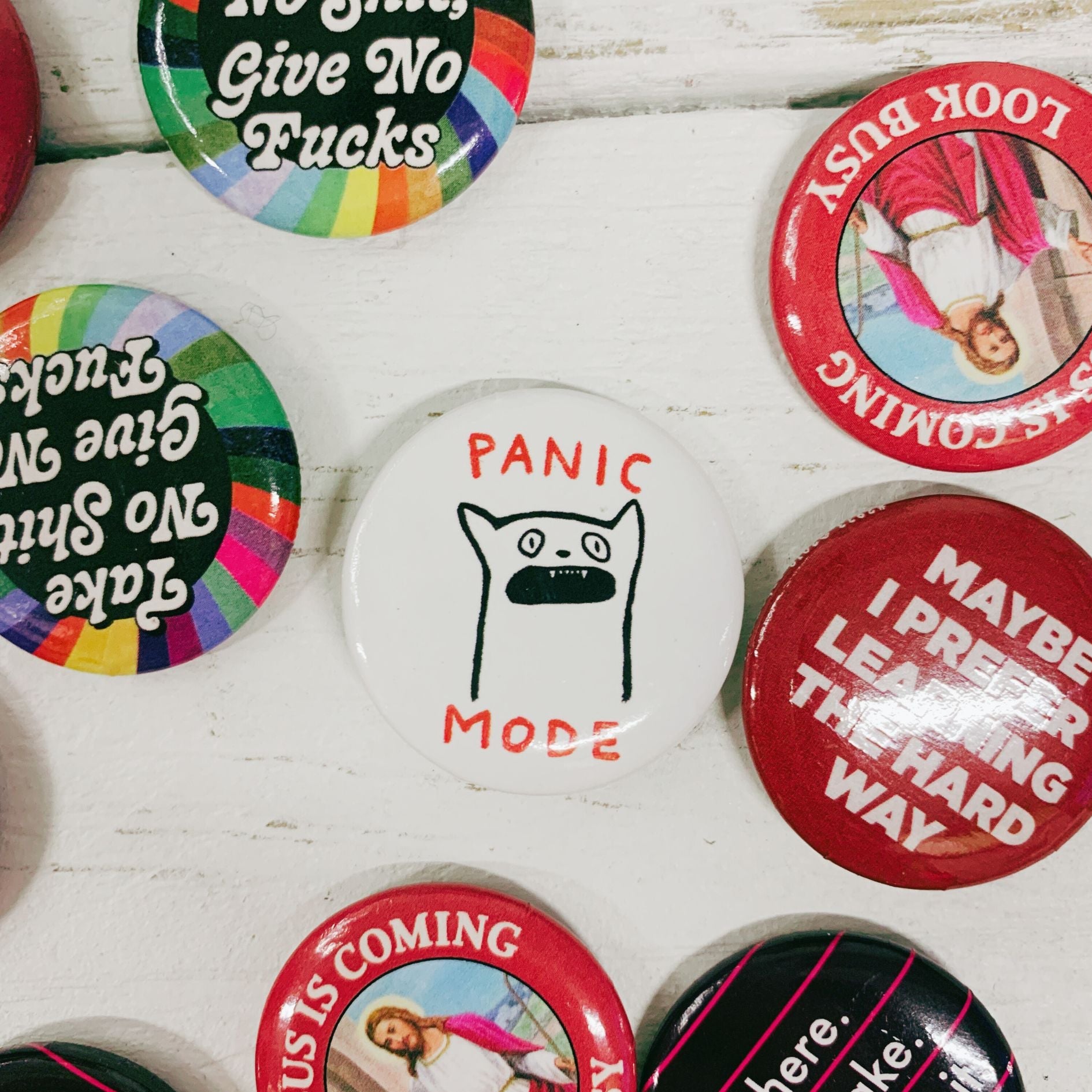 Panic Mode Pin Button | Funny Pinback Lapel Pin | 1.3"