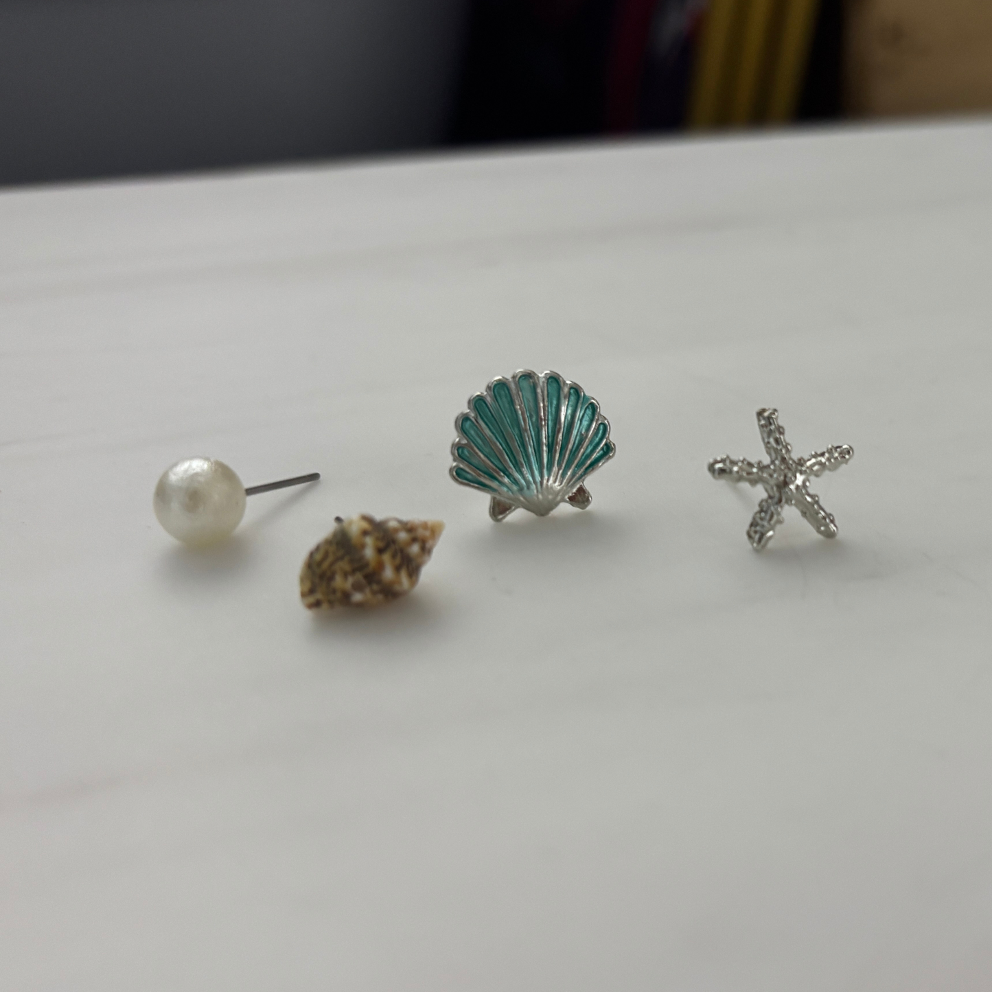 Mermaid Stud Earrings Mismatched Set of 4 | Pearl, Sea Star, Shell & Mermaid Shell