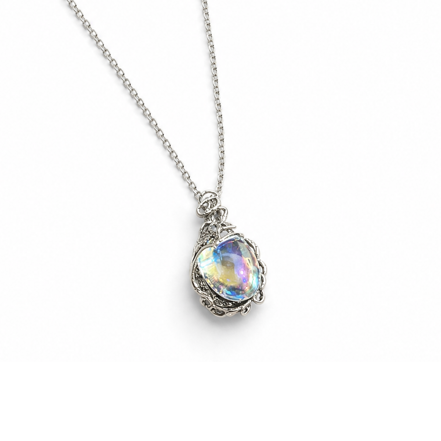 Romantasy Princess Opalescent Drop Necklace in Silver | Fantasy Gem Pendant | 18" + 2" Extender