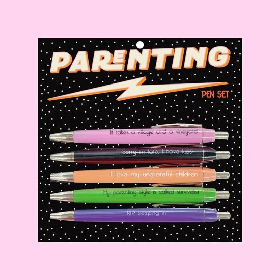 Parenting Funny Pen Set on Gift Card | Set of 5 | Black Ink | It Takes a Village and a Vineyard, I Love My Ungrateful Children...