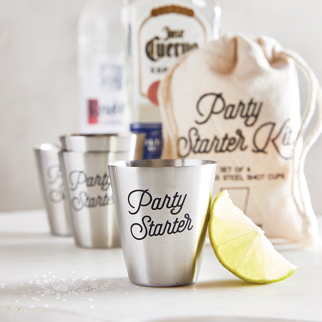 Party Starter Stainless Steel Shot Cups | Set of 4 Shot Glasses in Gift Bag