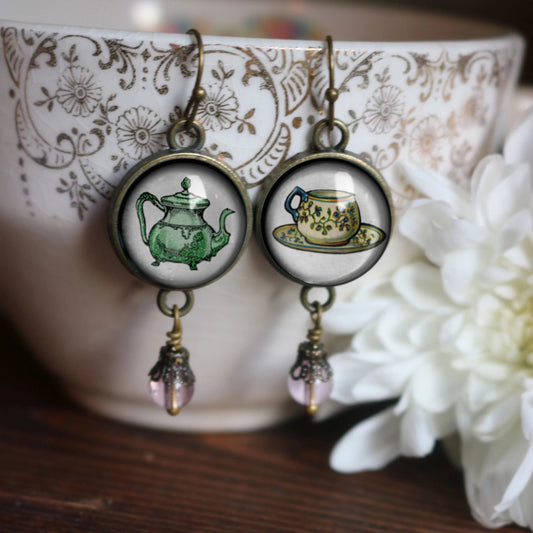 Pastel Steampunk Teacup and Teapot Victorian Earrings | Handmade in the US