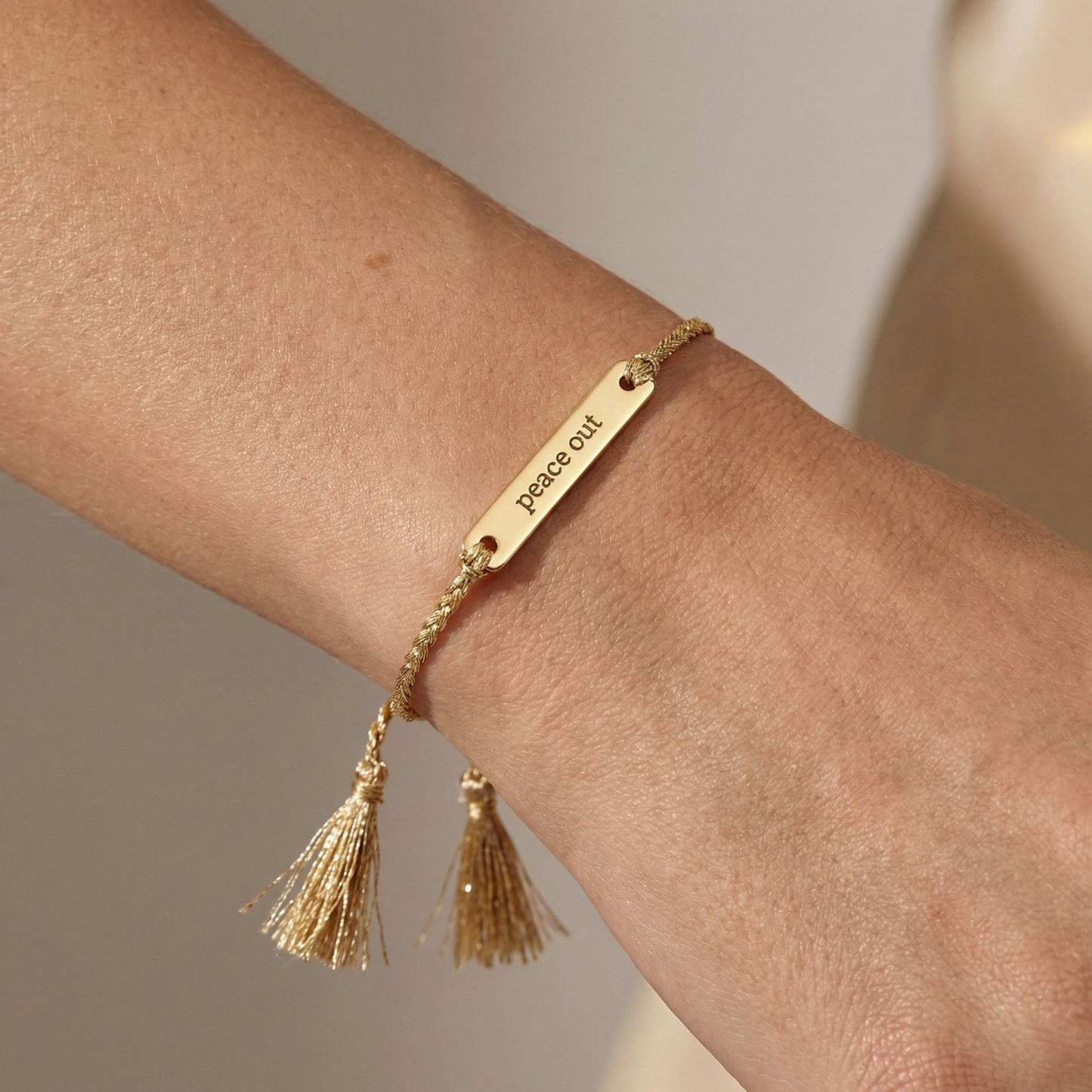 Peace Out Stamped Brass Bar Woven Thread Bracelet | In a Giftable Glass Jar with Cork Lid