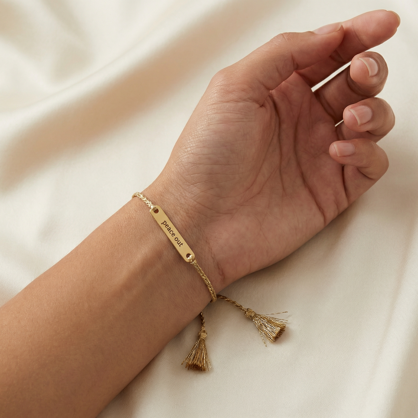 Peace Out Stamped Brass Bar Woven Thread Bracelet | In a Giftable Glass Jar with Cork Lid