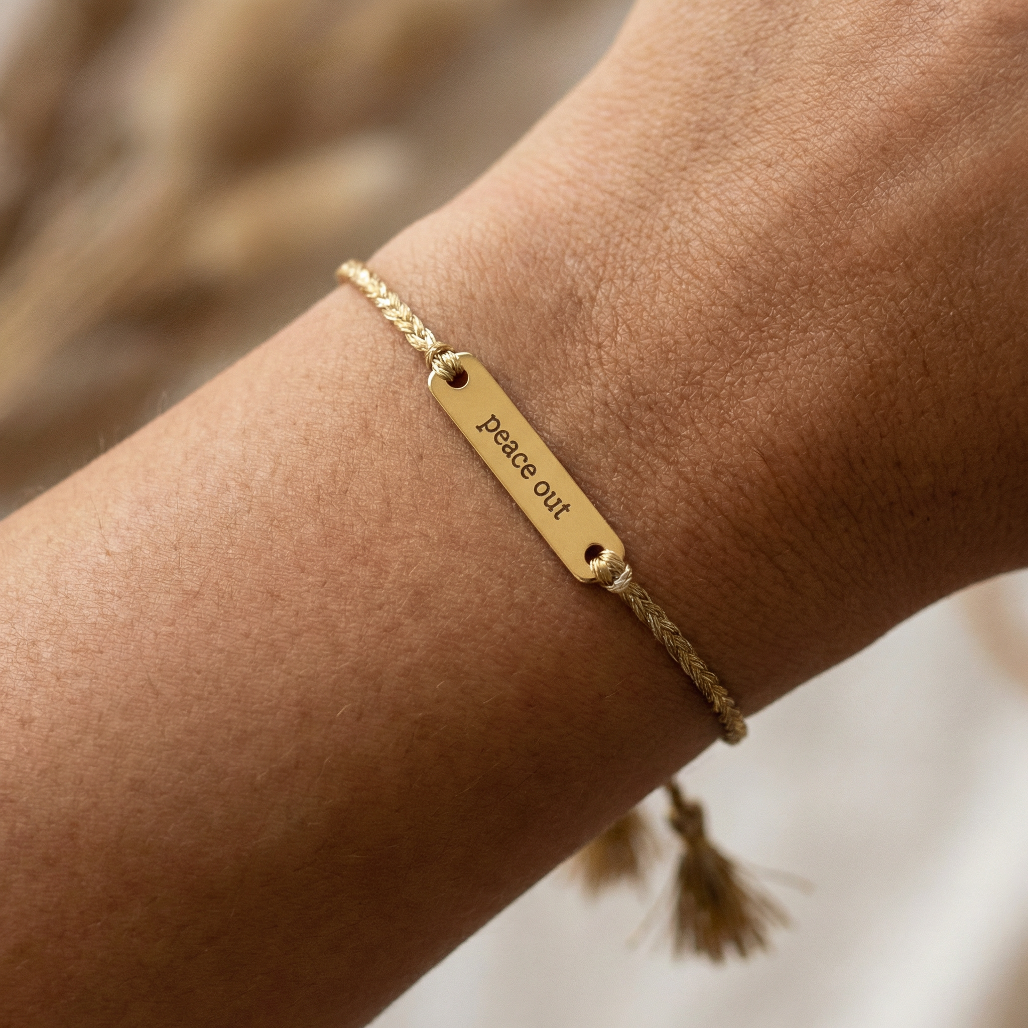 Peace Out Stamped Brass Bar Woven Thread Bracelet
