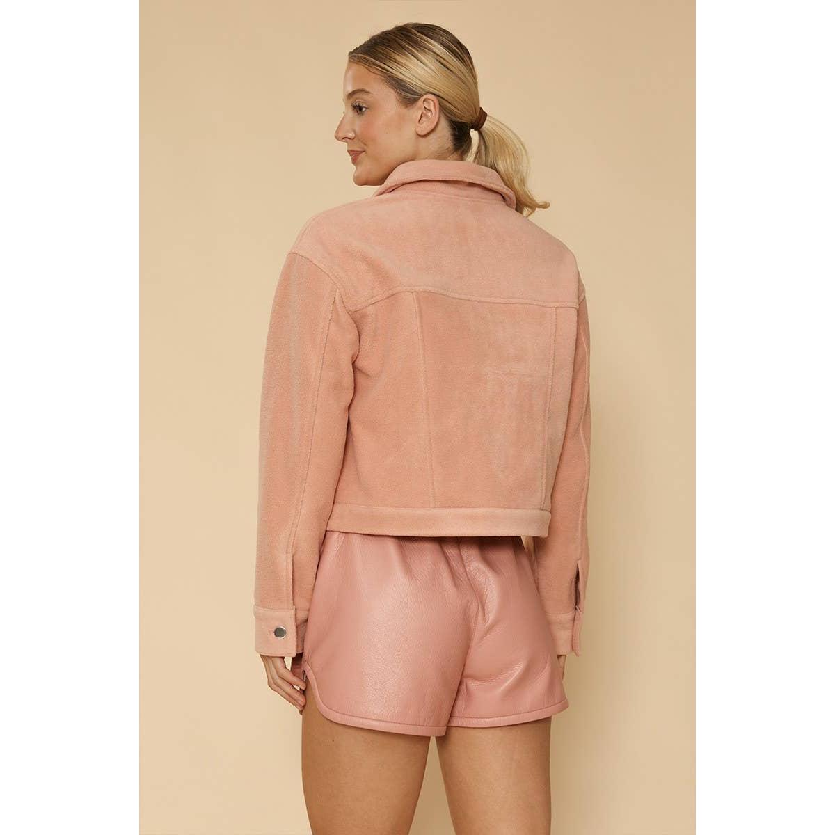 Peach Fleece Bow Jacket | Cropped Button Front Jacket with Bow Pocket Details