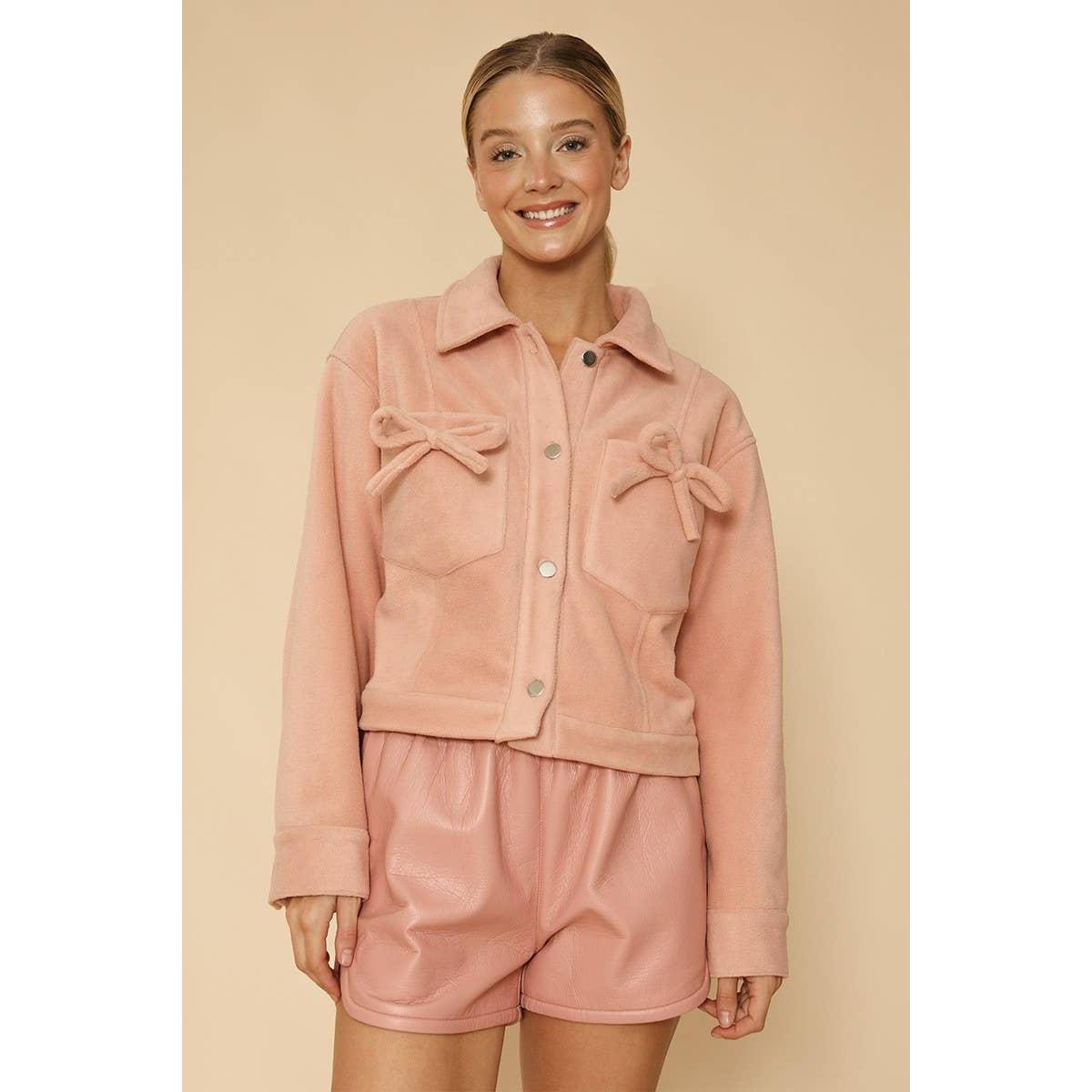 Peach Fleece Bow Jacket | Cropped Button Front Jacket with Bow Pocket Details