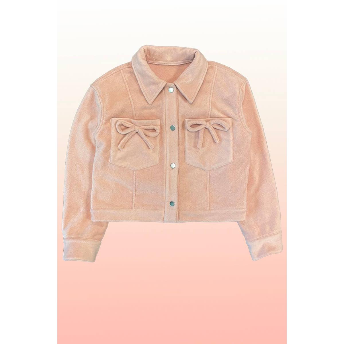 Peach Fleece Bow Jacket | Cropped Button Front Jacket with Bow Pocket Details