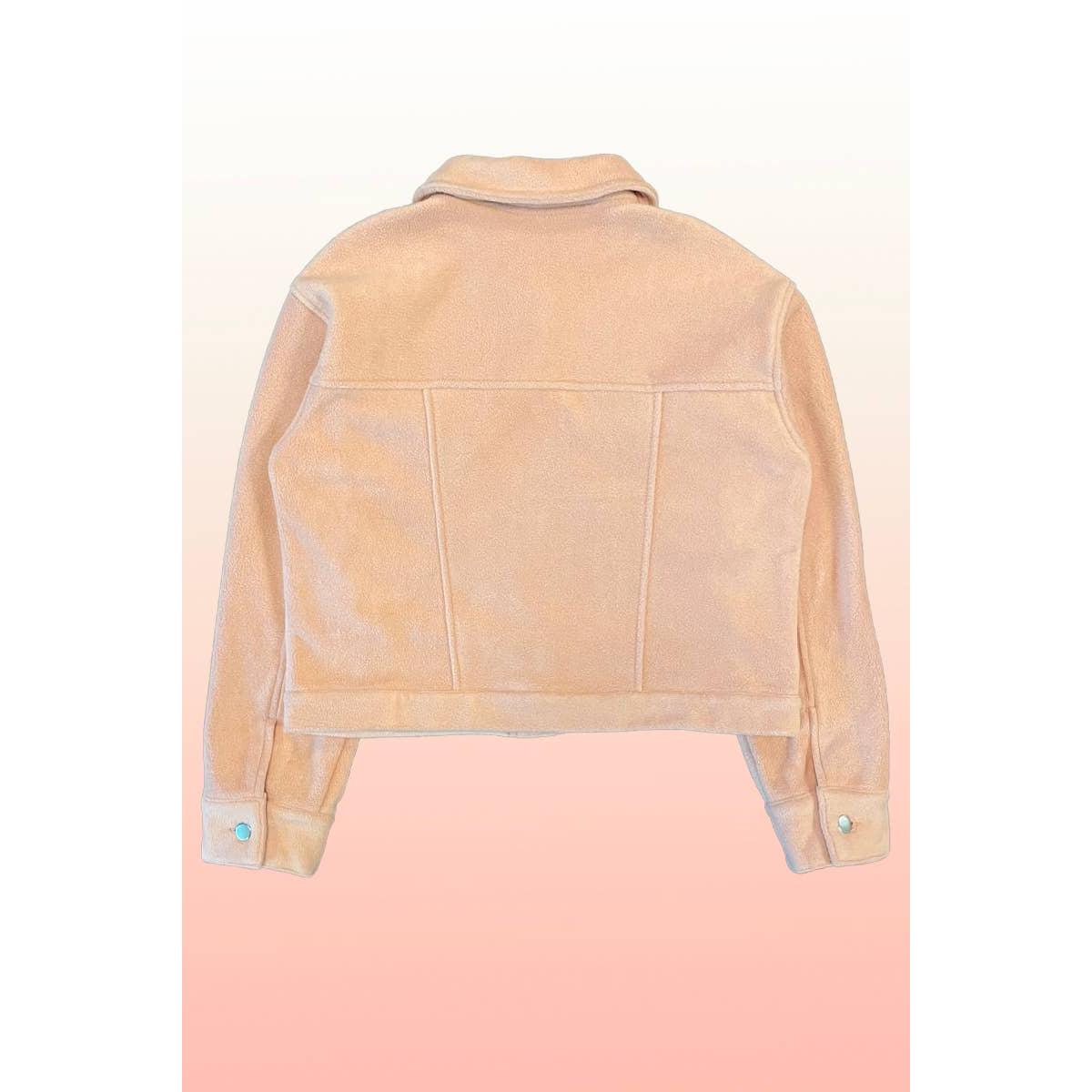 Peach Fleece Bow Jacket | Cropped Button Front Jacket with Bow Pocket Details