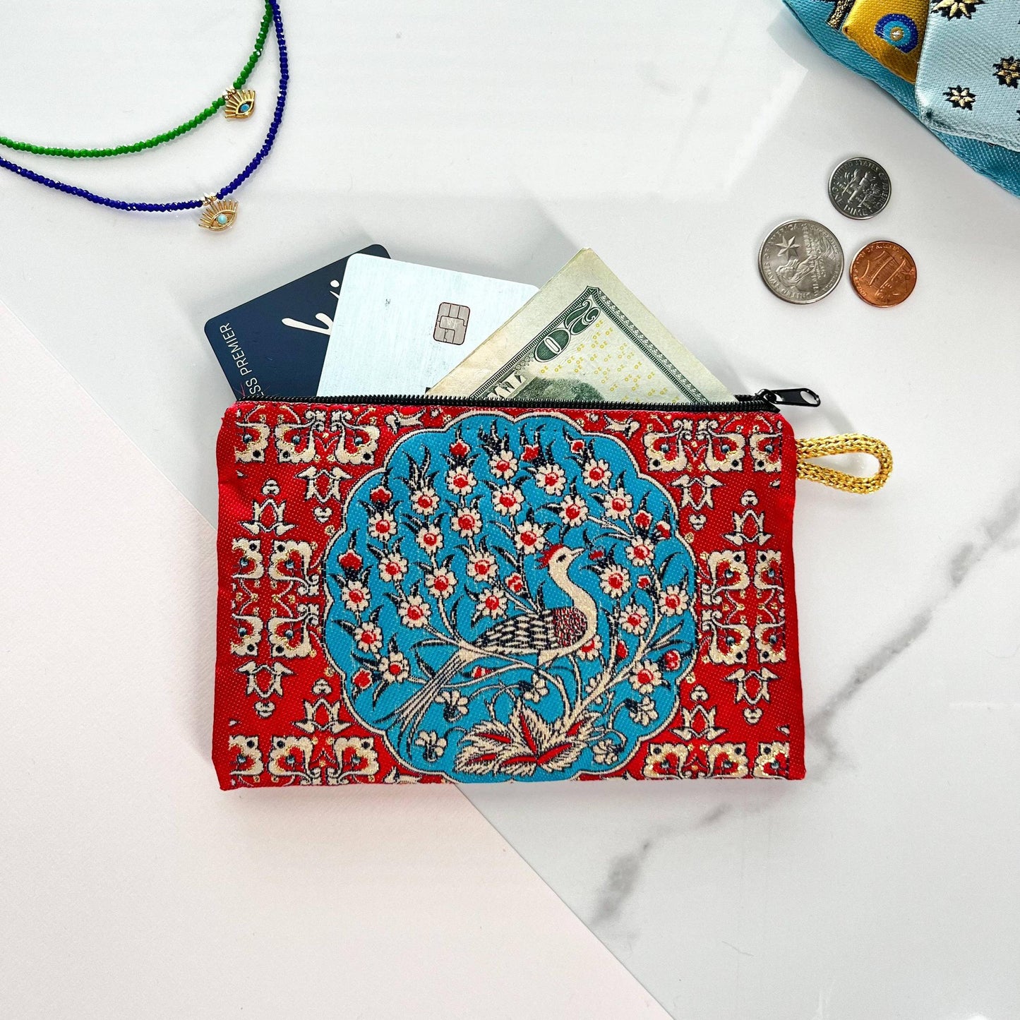 Peacock Design Coin Purse Cute Boho Fabric Pouch | Zippered Wallet Bag Organizer | Handmade in Turkey | 4" x 5"