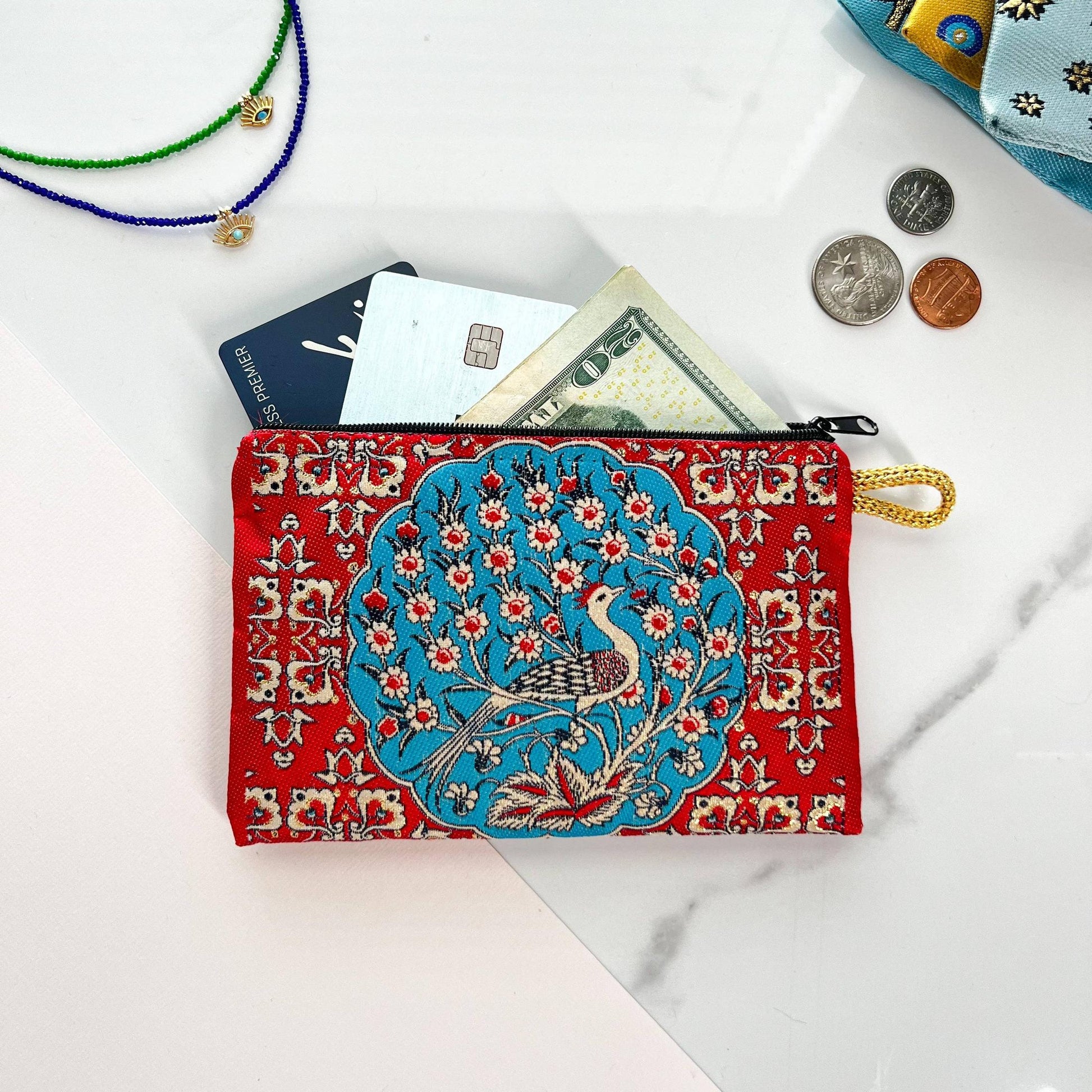 Peacock Design Coin Purse Cute Boho Fabric Pouch | Zippered Wallet Bag Organizer | Handmade in Turkey | 4" x 5"