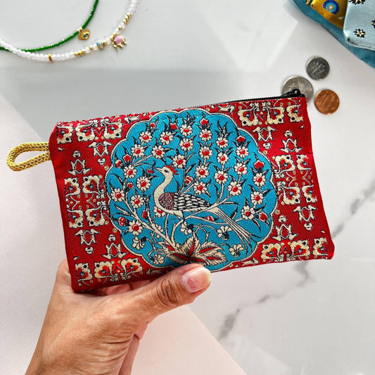 Peacock Design Coin Purse Cute Boho Fabric Pouch | Zippered Wallet Bag Organizer | Handmade in Turkey | 4" x 5"