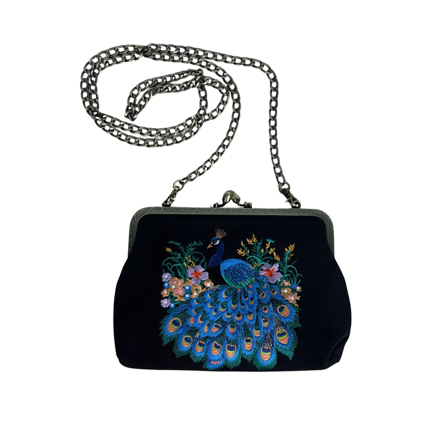 Peacock Embroidered Kisslock Bag | Vintage Boho Handbag with Chain Strap