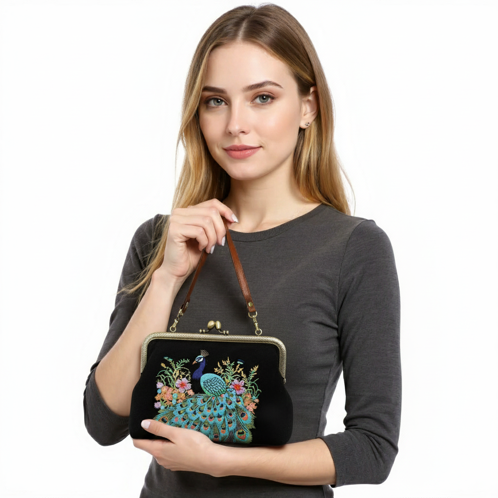 Peacock Embroidered Kisslock Bag | Vintage Boho Handbag with Chain Strap
