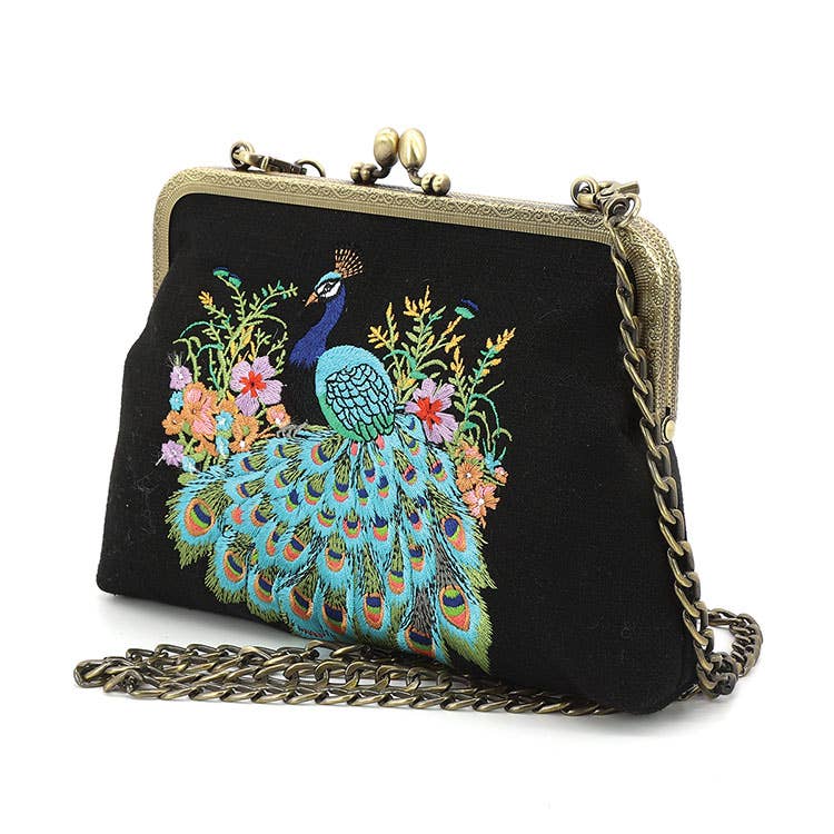 Peacock Embroidered Kisslock Bag | Vintage Boho Handbag with Chain Strap