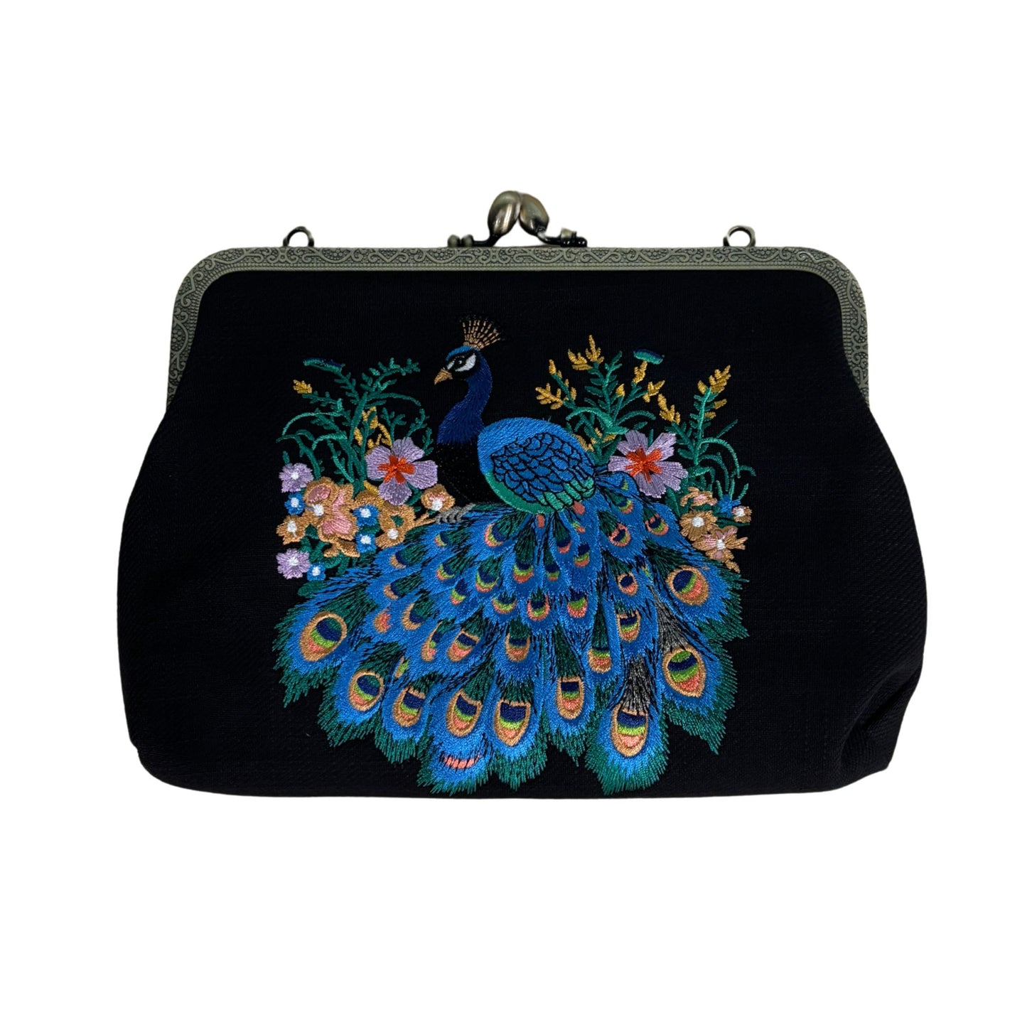 Peacock Embroidered Kisslock Bag | Vintage Boho Handbag with Chain Strap