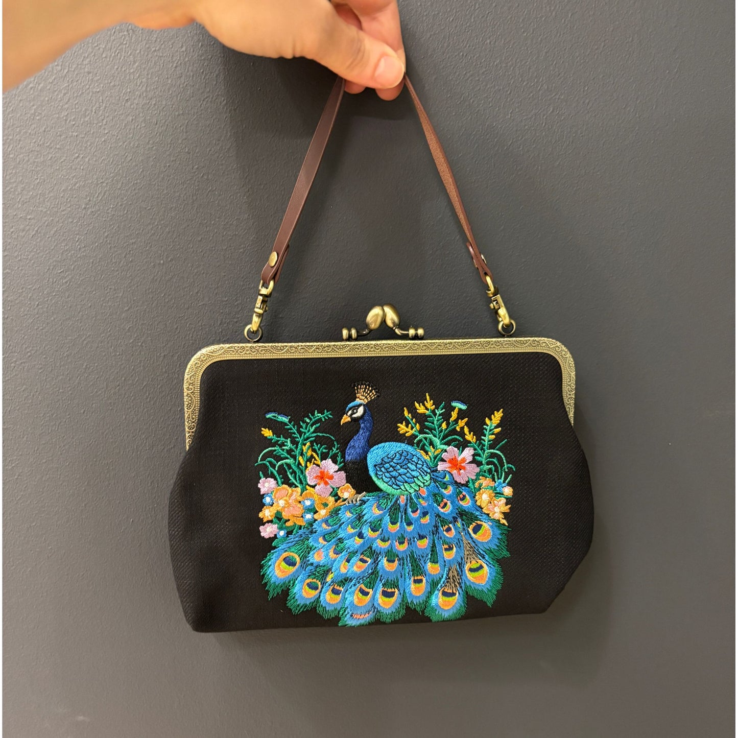 Peacock Embroidered Kisslock Bag | Vintage Boho Handbag with Chain Strap