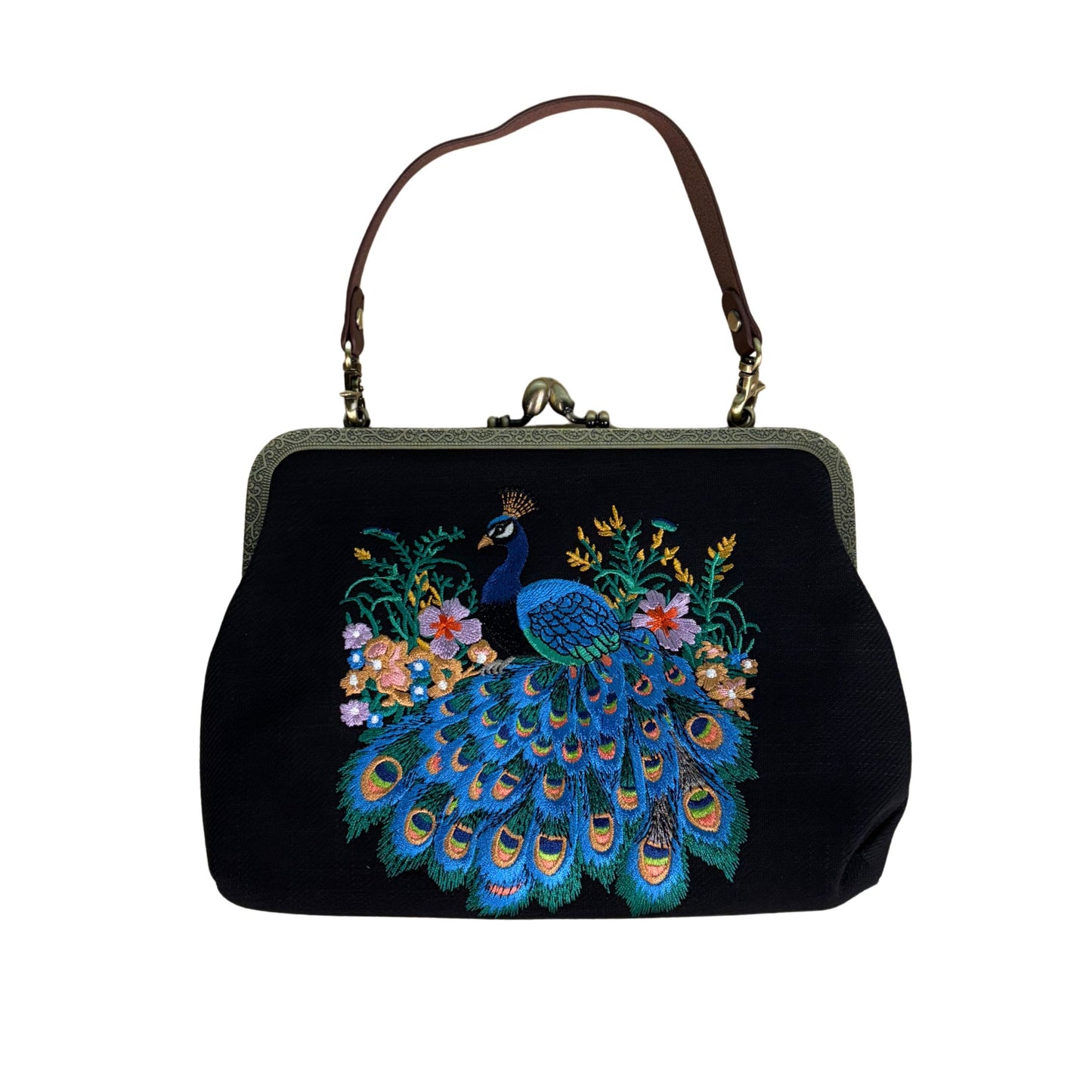 Peacock Embroidered Kisslock Bag | Vintage Boho Handbag with Chain Strap