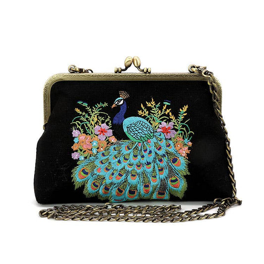 Peacock Embroidered Kisslock Bag | Vintage Boho Handbag with Chain Strap