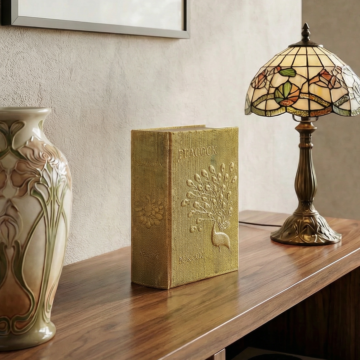 Peacock Metallic Gold Vintage Book Box | Faux Leather Wrap Book Shaped Storage Stash Trinket Box