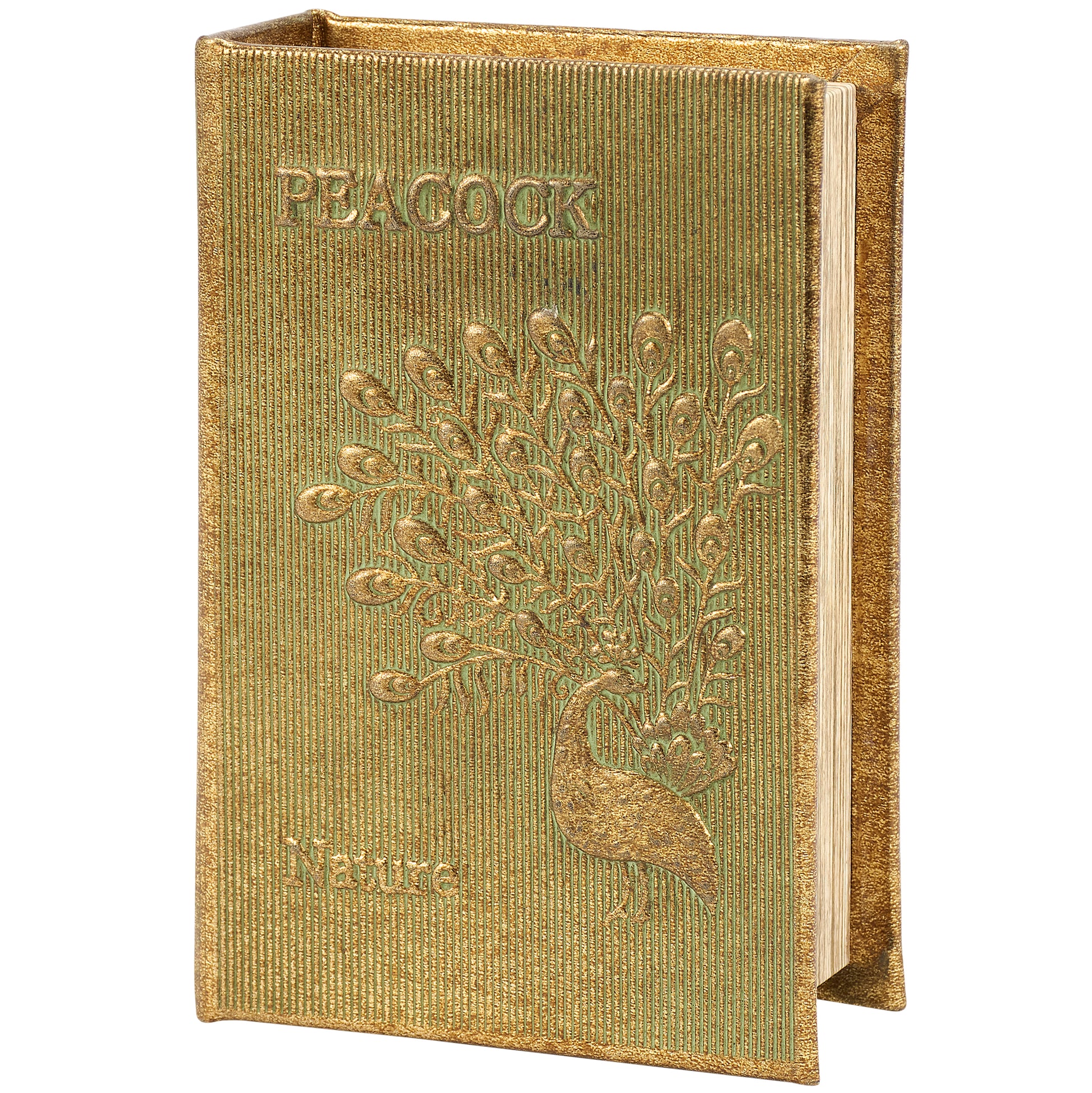 Peacock Metallic Gold Vintage Book Box | Faux Leather Wrap Book Shaped Storage Stash Trinket Box