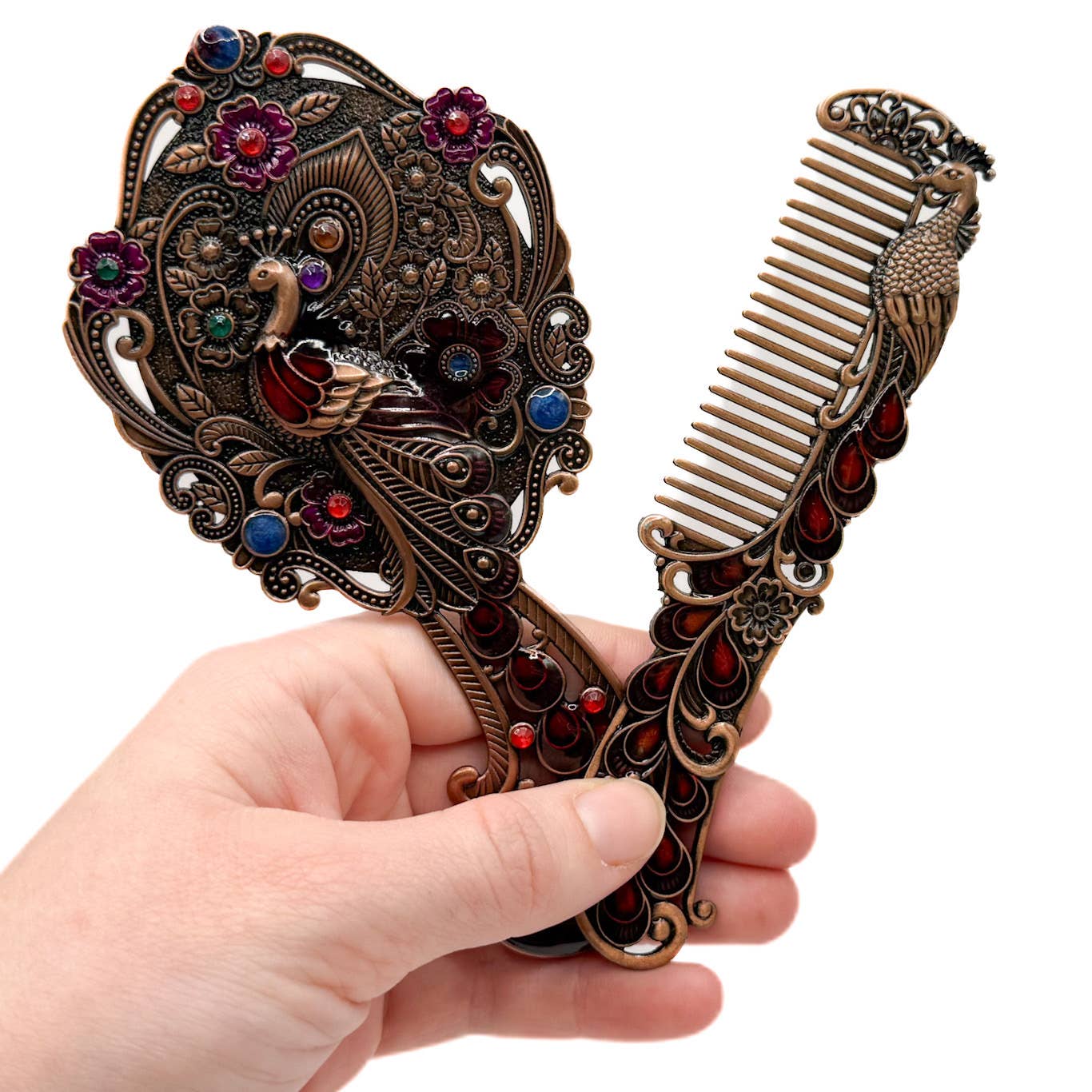 Peacock Mirror and Comb Set | Metal Vanity Gift Set in Silver Bronze or Gold | Red Gift Box