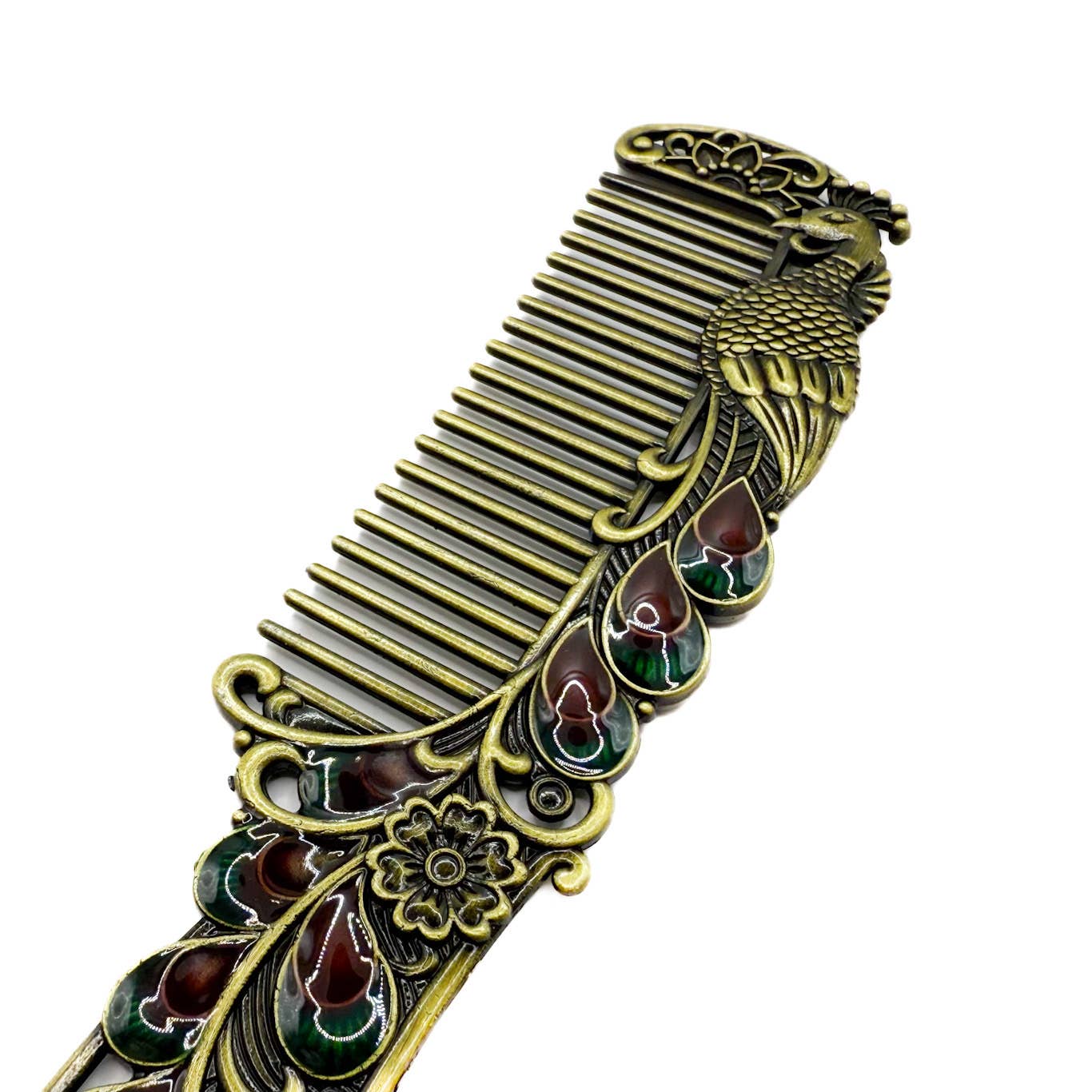 Peacock Mirror and Comb Set | Metal Vanity Gift Set in Silver Bronze or Gold | Red Gift Box