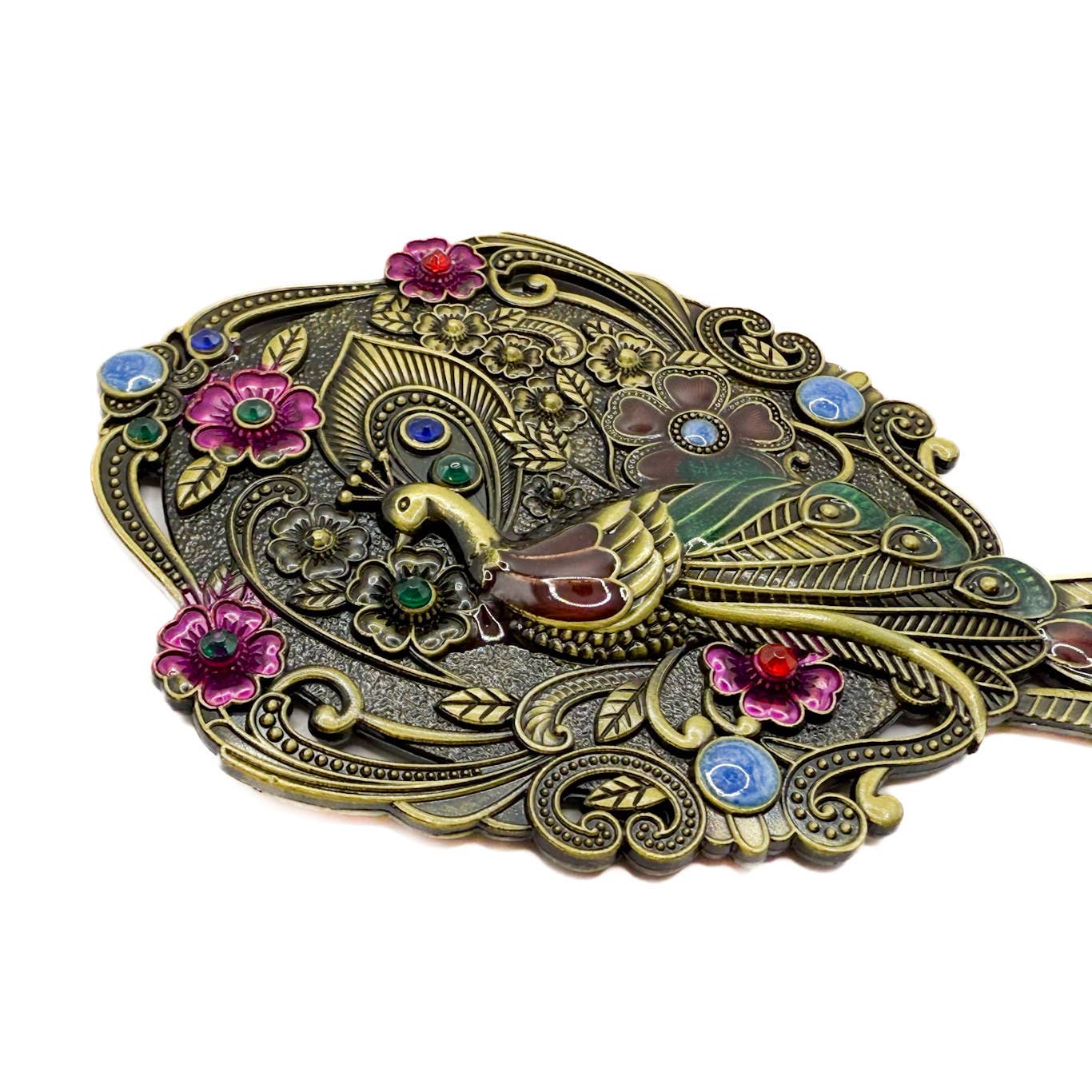 Peacock Mirror and Comb Set | Metal Vanity Gift Set in Silver Bronze or Gold | Red Gift Box