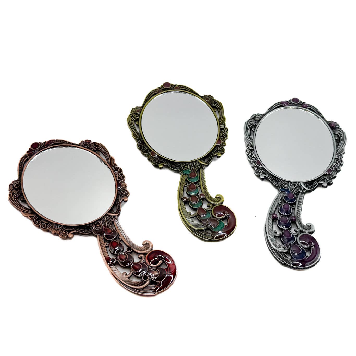 Peacock Mirror and Comb Set | Metal Vanity Gift Set in Silver Bronze or Gold | Red Gift Box