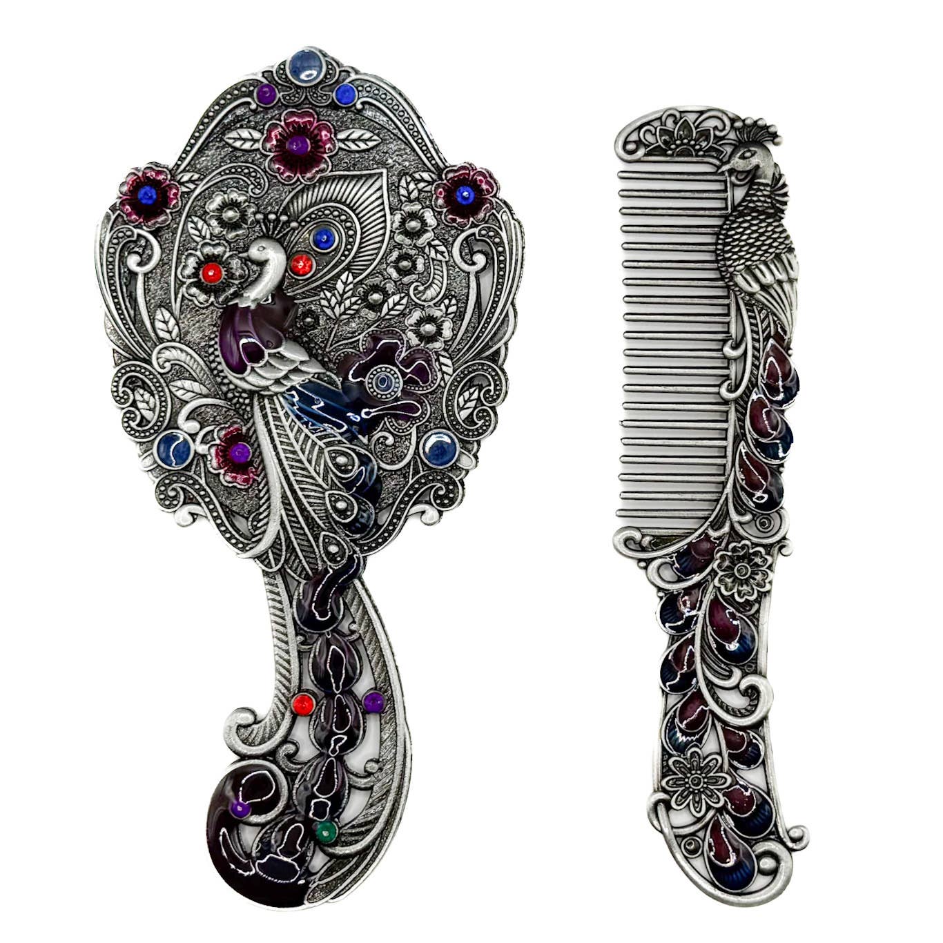 Peacock Mirror and Comb Set | Metal Vanity Gift Set in Silver Bronze or Gold | Red Gift Box