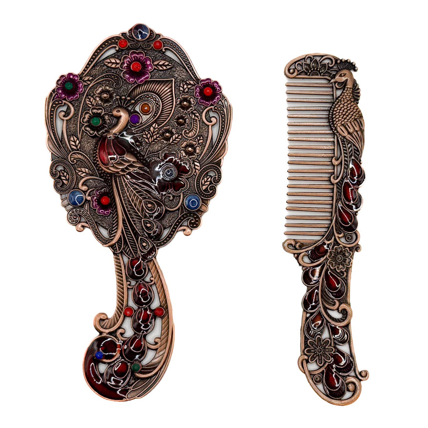 Peacock Mirror and Comb Set | Metal Vanity Gift Set in Silver Bronze or Gold | Red Gift Box