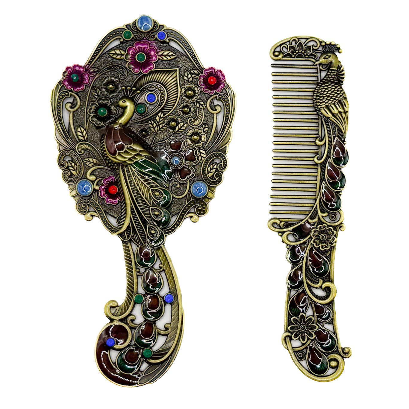 Peacock Mirror and Comb Set | Metal Vanity Gift Set in Silver Bronze or Gold | Red Gift Box