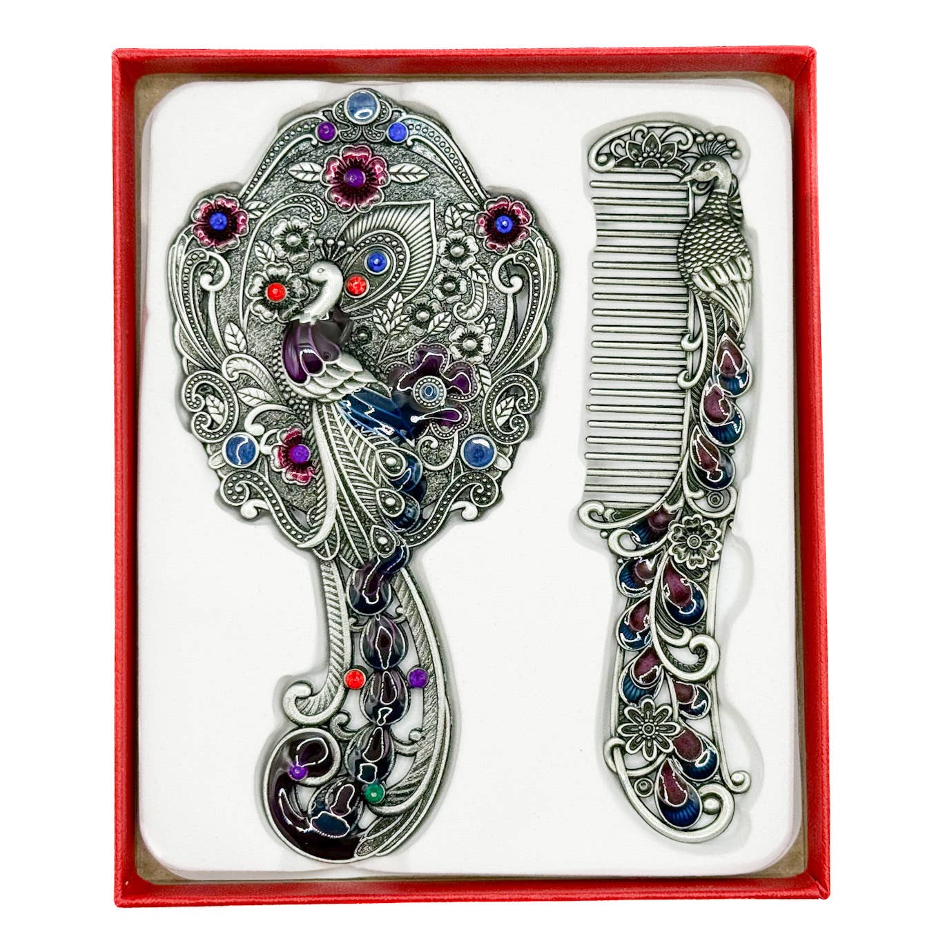 Peacock Mirror and Comb Set | Metal Vanity Gift Set in Silver Bronze or Gold | Red Gift Box