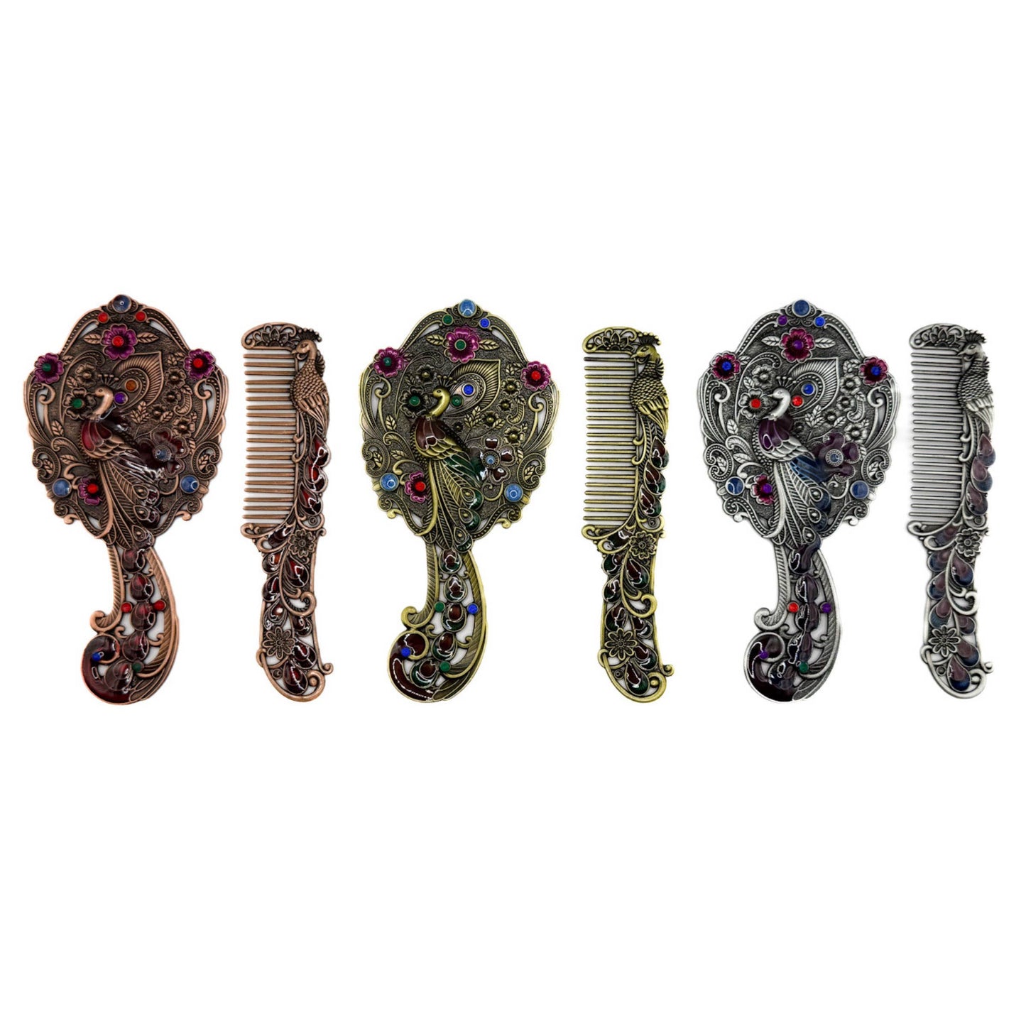 Peacock Mirror and Comb Set | Metal Vanity Gift Set in Silver Bronze or Gold | Red Gift Box